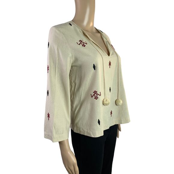 Madewell Women's Size XXS Blouse Ivory 100% Silk Embroidered Details Pom Pom Tie - Picture 5 of 10